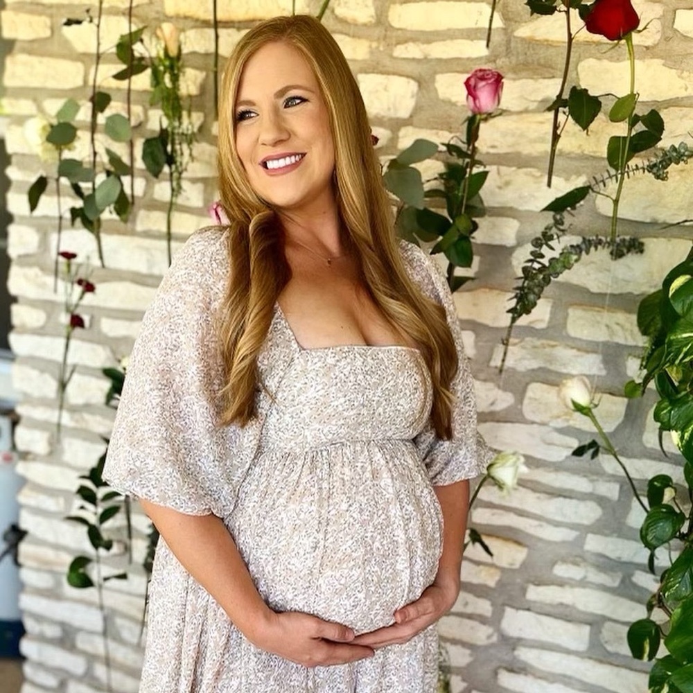 Beige chiffon printed square neck empire maternity dress- pink blush maternity